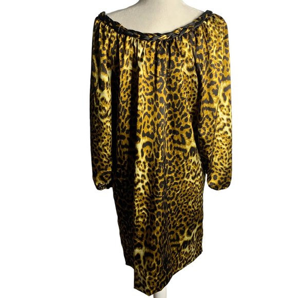 Vintage 90s Leopard Print Shift Dress L Brown Braided Collar Puff Sleeve Pockets - Picture 4 of 6